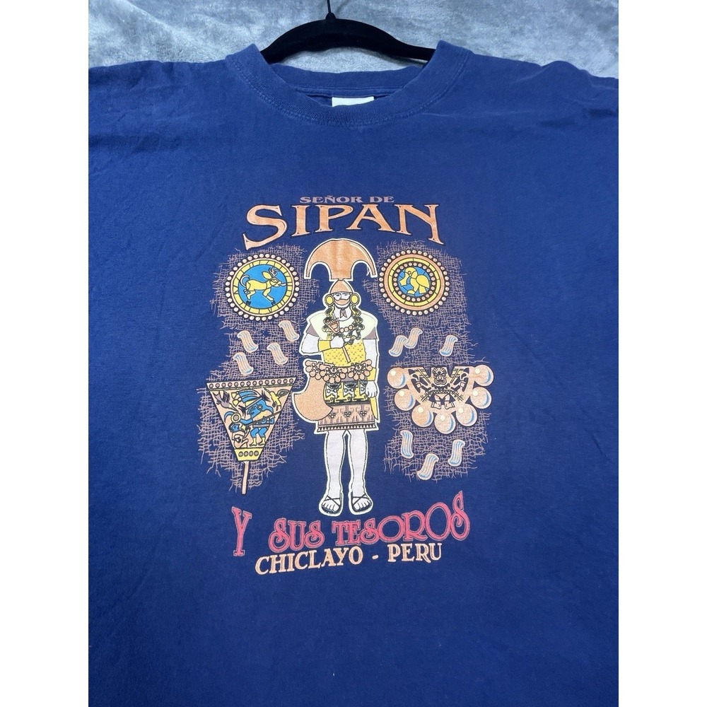 Vintage Peru Graphic T Shirt Mens M‎ Blue Chiclayo Cultural Tourist Tee Aztec